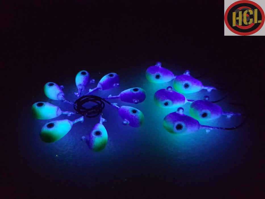 Halo UV Glow purple Jigs, glow jig heads, strong BLUE GLOW, purple and green jig head, Blue GLOW Jigs, Halo UV Glow Jigs, glow jigs with 3D eyes, UV Glow lure, Jig heads,custom walleye glow jigs, UV GLOW