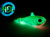 Walleye Buster UV Custom green GLOW  jig, lead glow jig, burbot jig, walleye glow jig, laker jig, target walleye, walleye GLOW jigs, Ultra Minnow walleye jigs