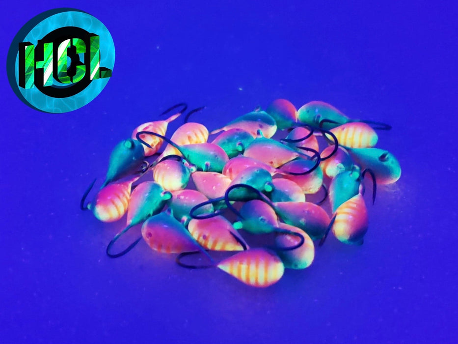 HCL Panfish Pro Glow Tungsten, UV GLOW Tungsten, Tungsten UV Glow jigs, Tungsten Jigs, Large Tungsten GLOW Jig Set, Tiny Tungsten jighead, Tungsten beads, custom jig making, custom tungsten jigs, painted glow in the dark tungsten, glo jigs, GLOW jighead, glow JIGS, glow