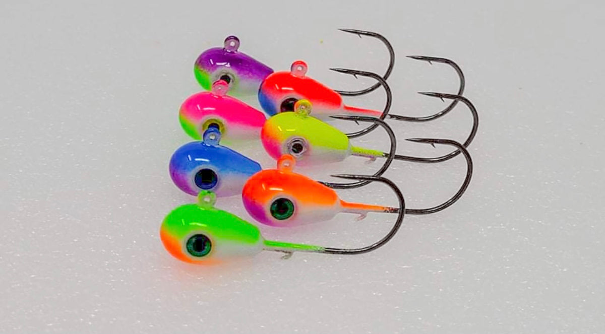 Ice Fishing Lure Kit Glowing Paint Jigs, 12pcs assorted perch/walleye/